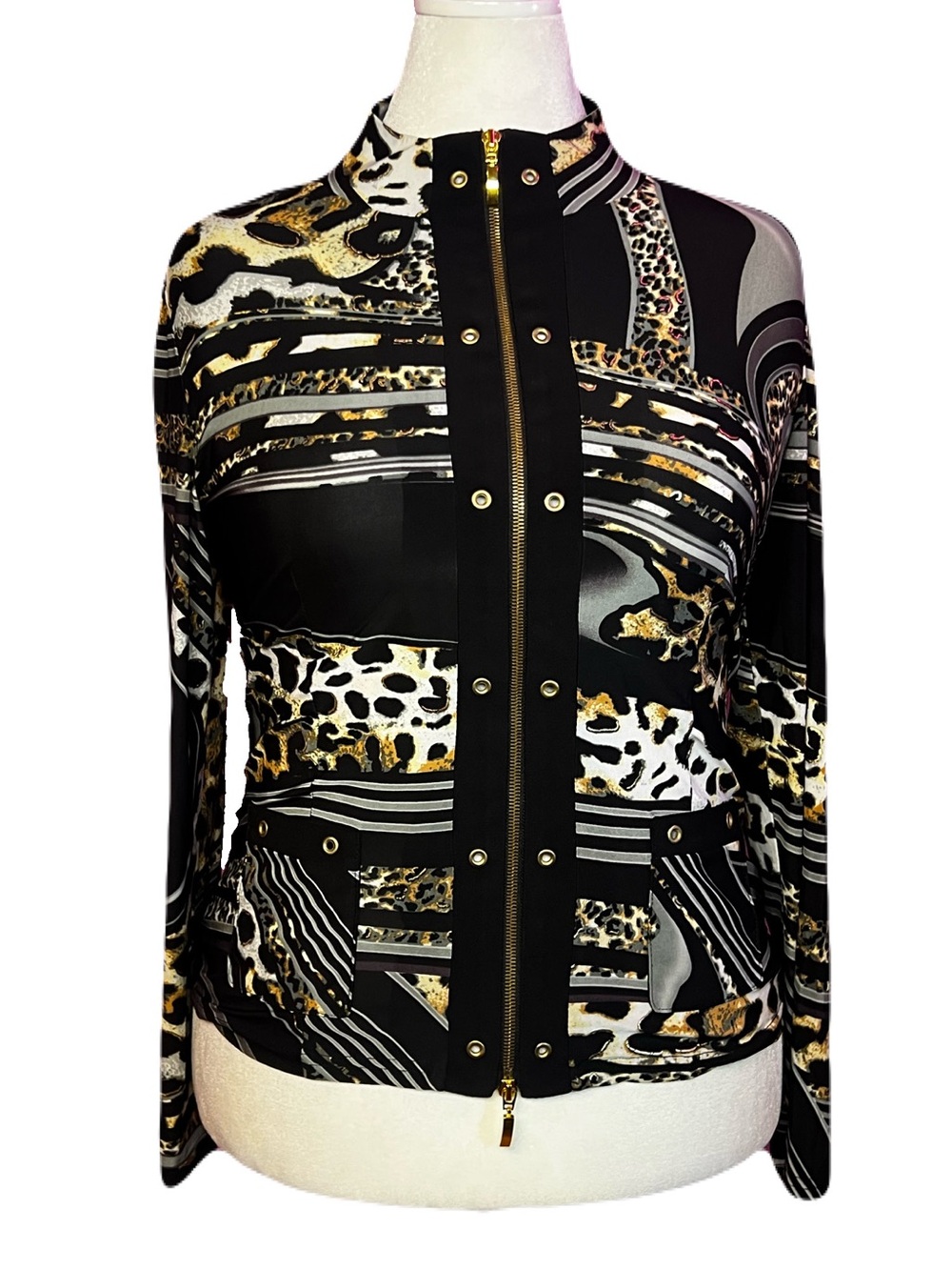 Joseph Ribkoff Black & Gold Animal-Print Zip Front Jacket